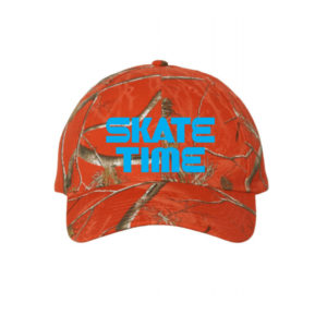 An orange-camo patterned baseball cap with the words "Skate Time" in embroidered blue